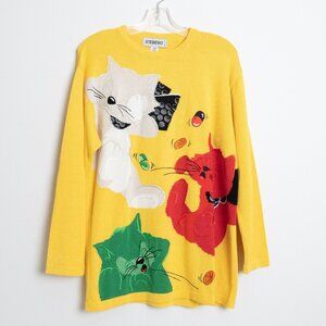 Vintage Iceberg Cat Sweater Yellow Knit Jumper Italy Cartoon Graphic Rave Party